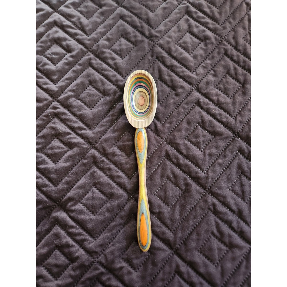 Vintage Rainbow coloured Handmade Wooden Spoon | Wood Intarsia and layered color